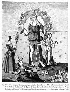 Het beeld van Dame Astrologie met de drie schikgodinnen, uit 